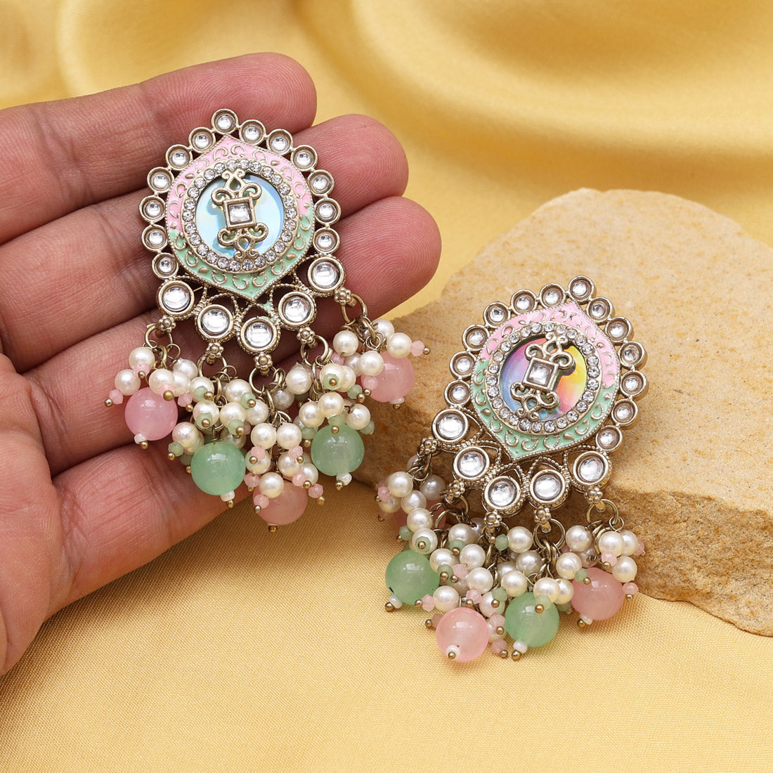 Pink & Pista Green Color Kundan Earrings (KDE991PNKPGRN)