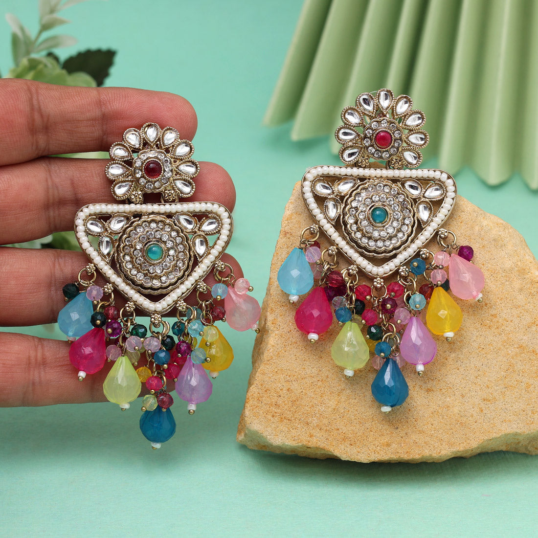 Multi Color Kundan Earrings (KDE993MLT)