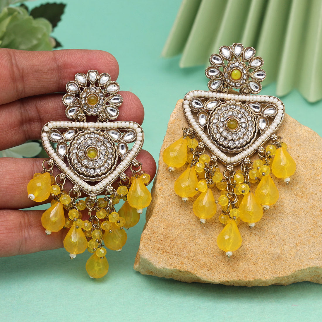 Yellow Color Kundan Earrings (KDE993YLW)