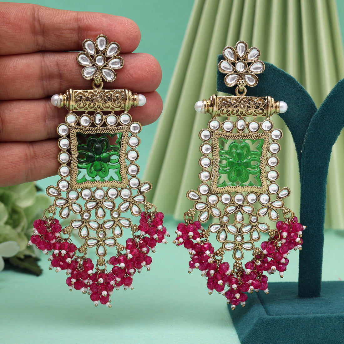 Rani & Green Color Kundan Earrings (KDE995RNIGRN)