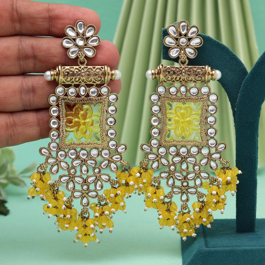 Yellow Color Kundan Earrings (KDE995YLW)