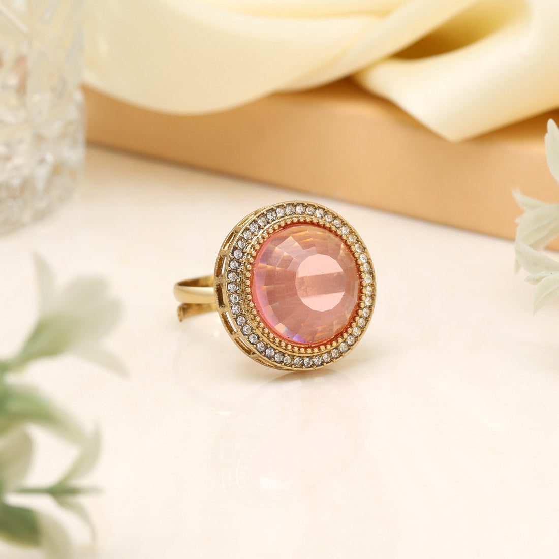 Delicate Baby Pink Color Kundan Ring For Women
