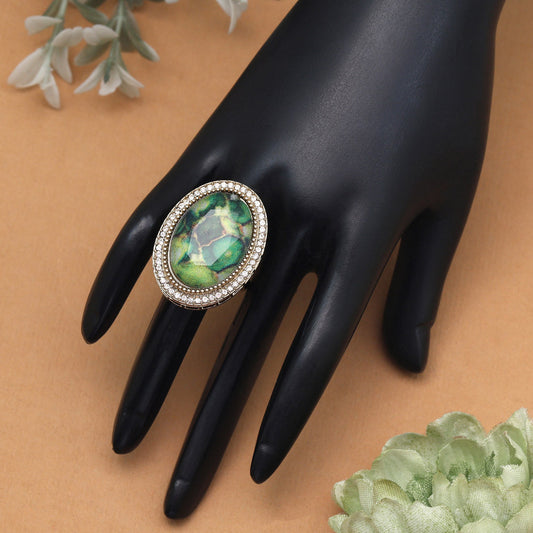 Nature-Inspired Green Color Kundan Ring For Women