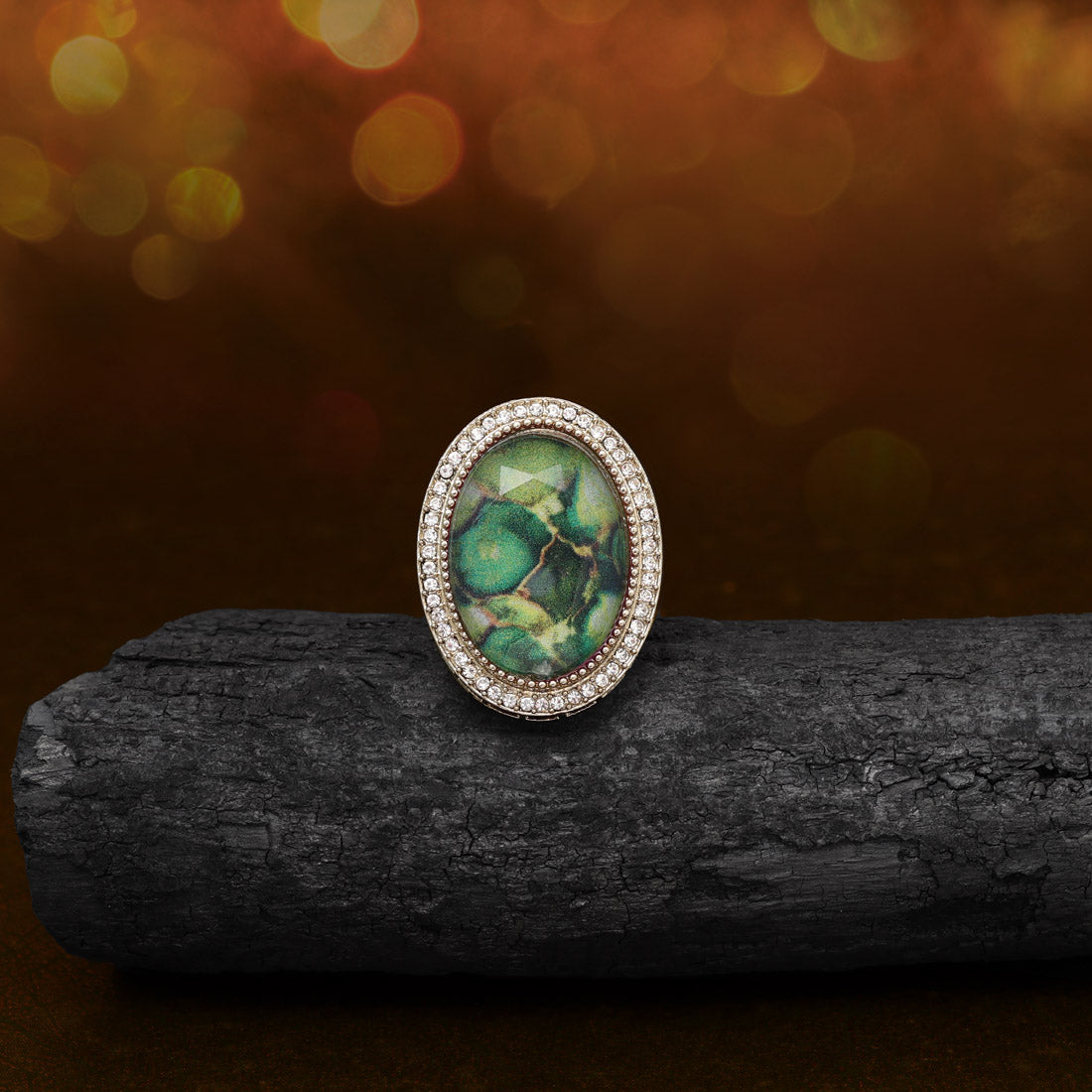 Nature-Inspired Green Color Kundan Ring For Women