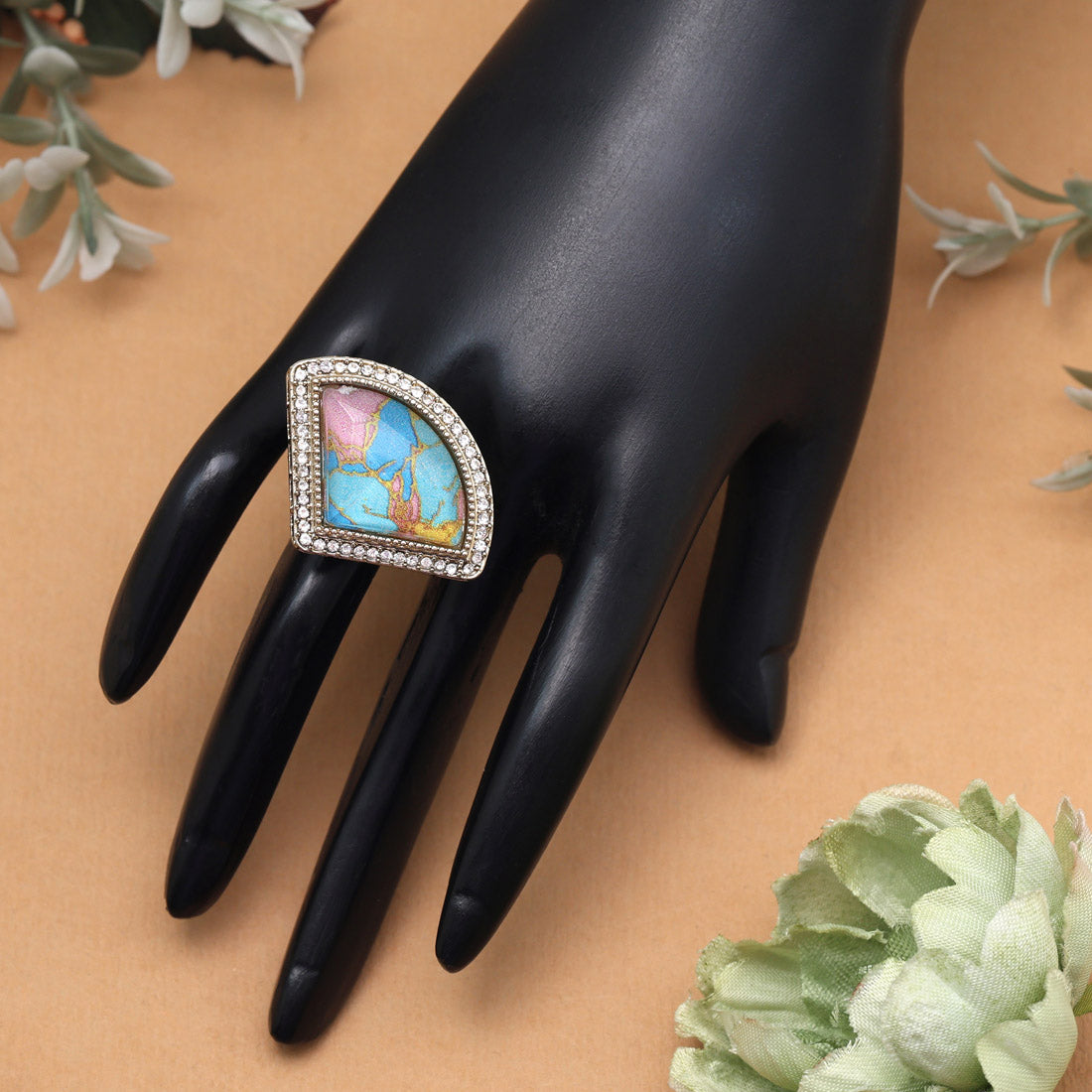 Crystal Firozi Color Kundan Ring For Women