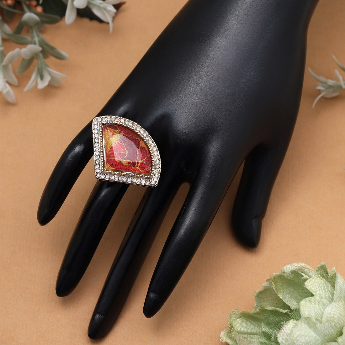 Radiant Red Color Kundan Ring For Women