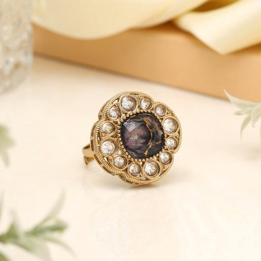 Matte Black Color Kundan Ring For Women