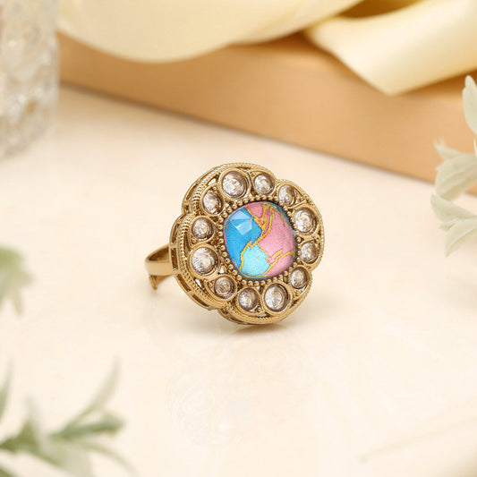 Aqua Firozi Color Kundan Ring For Women
