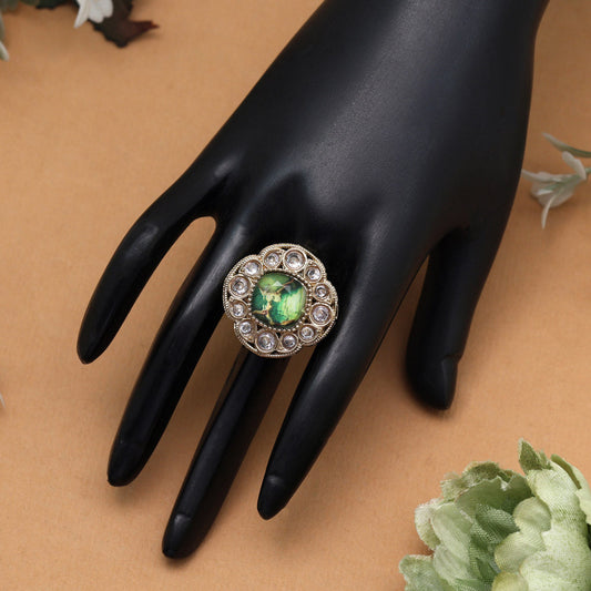 Leafy Green Color Kundan Ring For Women