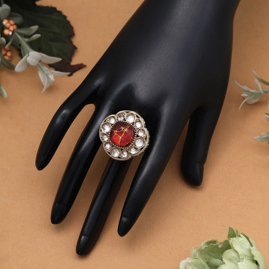 Cherry Red Color Kundan Ring For Women