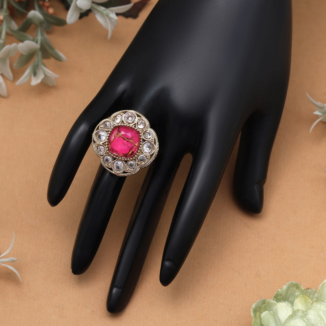 Festive Rani Color Kundan Ring For Women