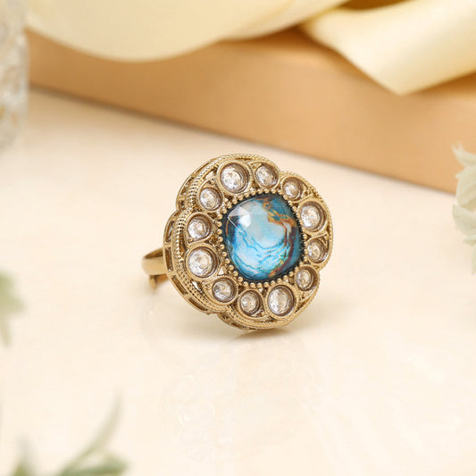 Bright Turquoise Blue Color Kundan Ring For Women