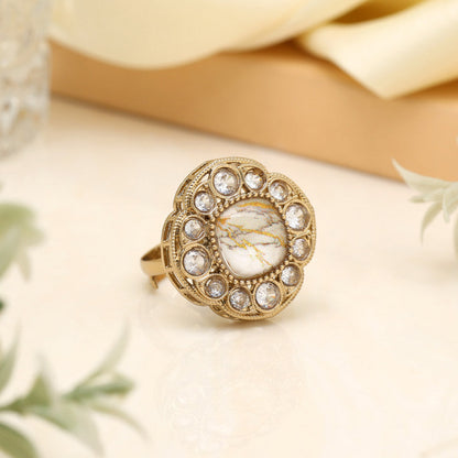 Snowflake White Color Kundan Ring For Women