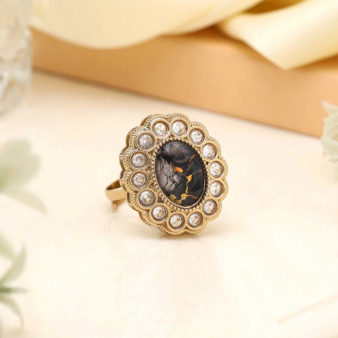 Glossy Black Color Kundan Ring For Women