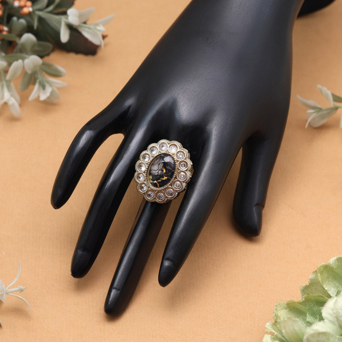 Glossy Black Color Kundan Ring For Women