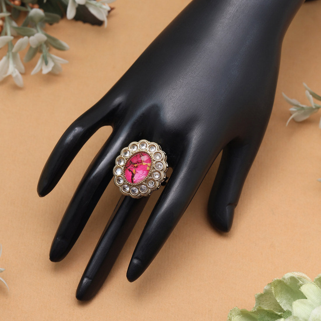 Radiant Magenta Color Kundan Ring For Women