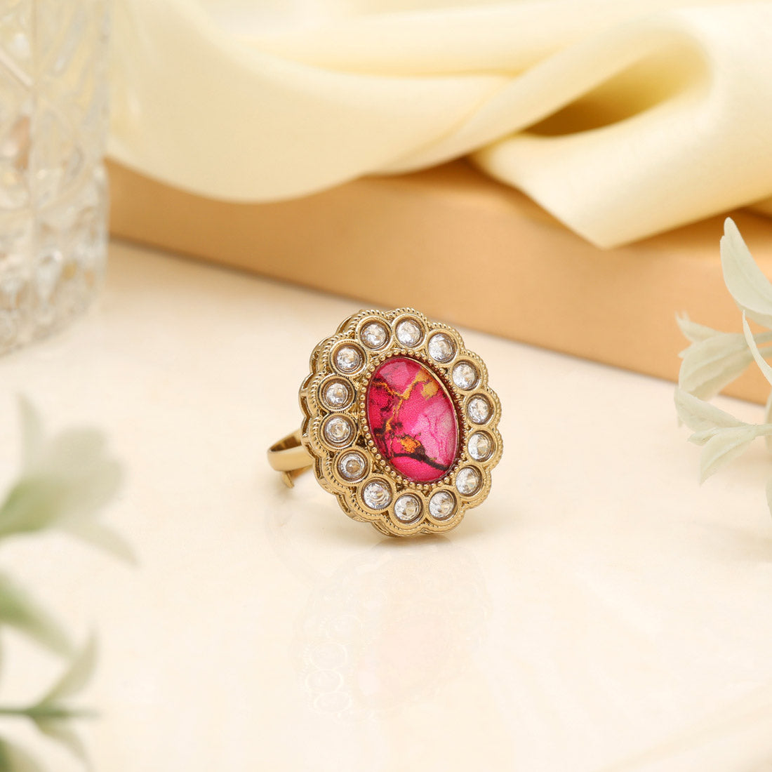 Radiant Magenta Color Kundan Ring For Women