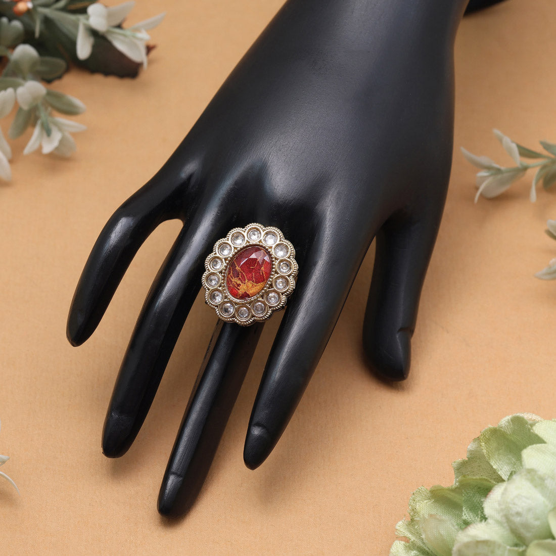 Ruby Red Color Kundan Ring For Women