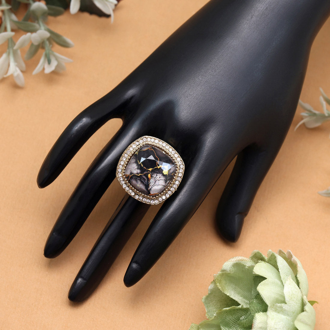 Bold Black Color Kundan Ring For Women