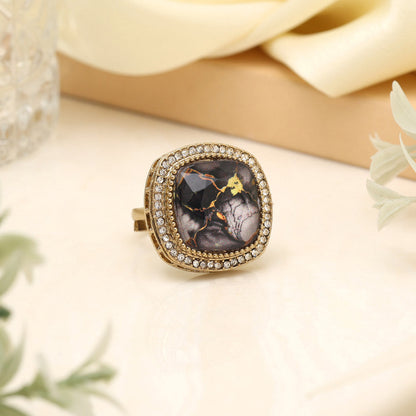 Bold Black Color Kundan Ring For Women