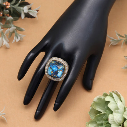 Coastal Turquoise Blue Color Kundan Ring For Women