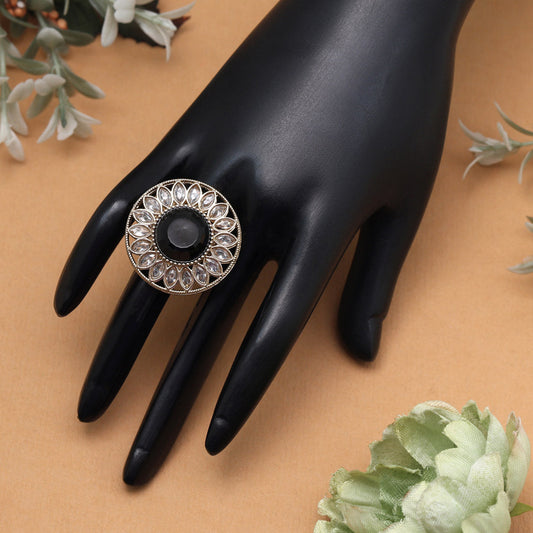 Matte Black Color Kundan Ring For Women