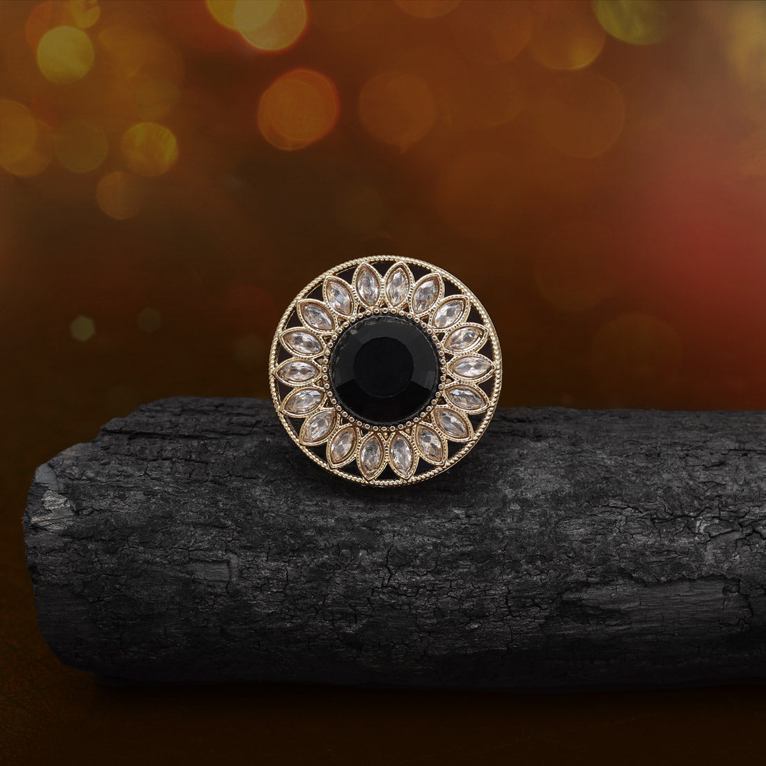 Matte Black Color Kundan Ring For Women