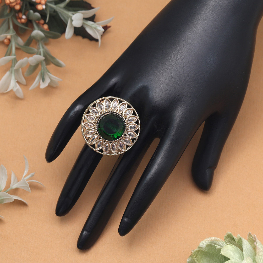 Vibrant Green Color Kundan Ring For Women