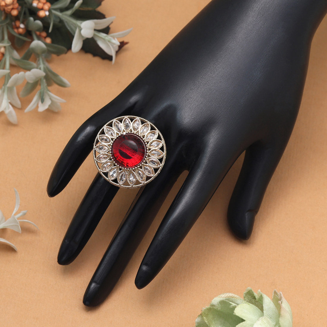 Rich Maroon Color Kundan Ring For Women