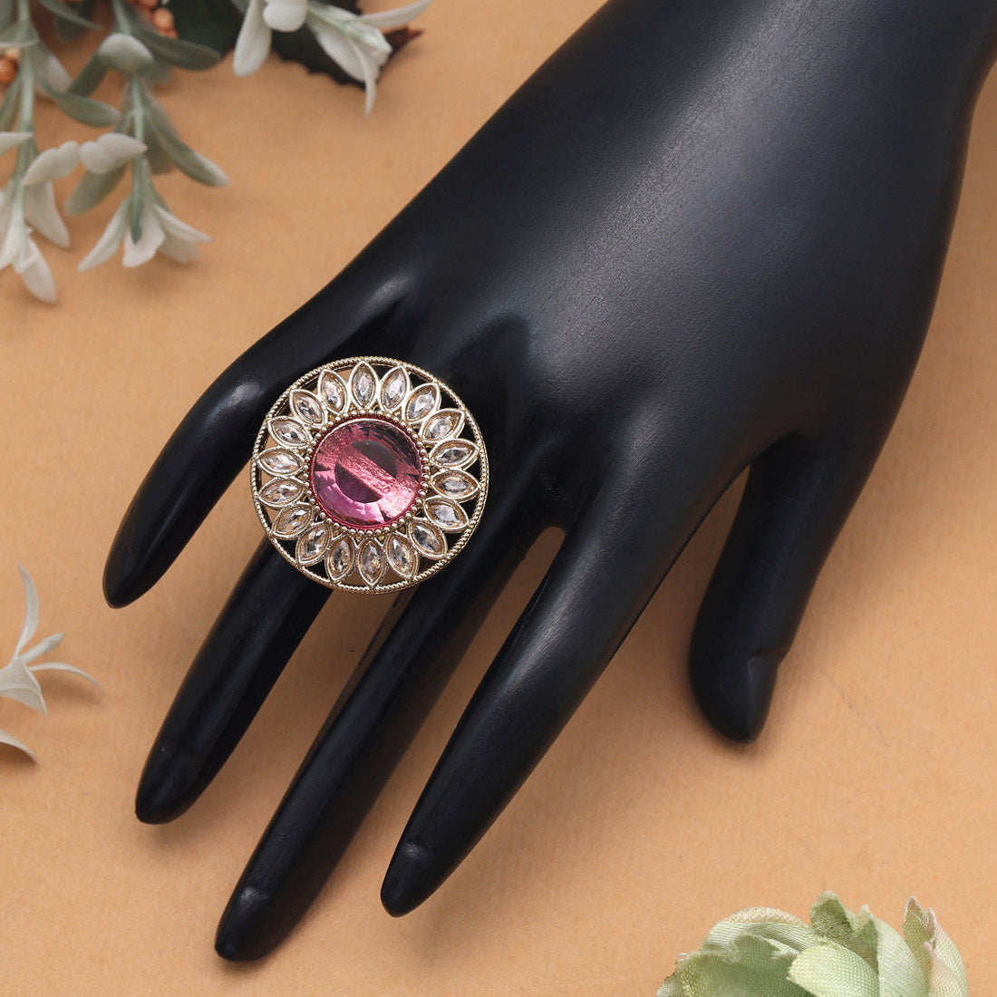 Radiant Pink Color Kundan Ring For Women