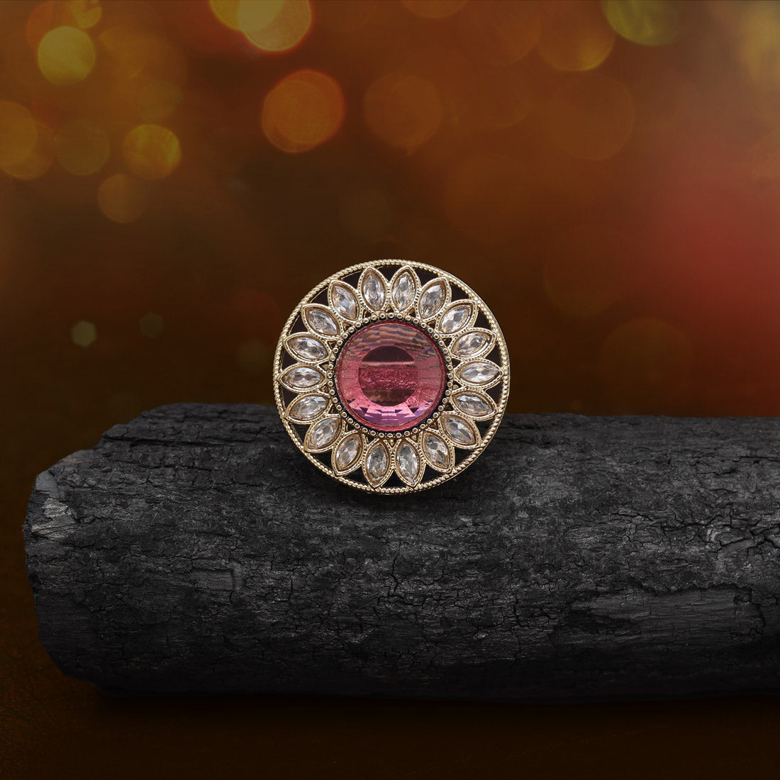 Radiant Pink Color Kundan Ring For Women