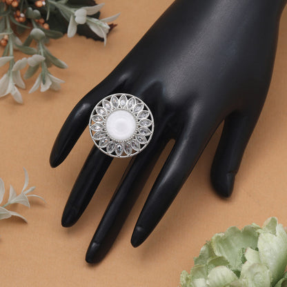 Metallic Silver Color Kundan Ring For Women