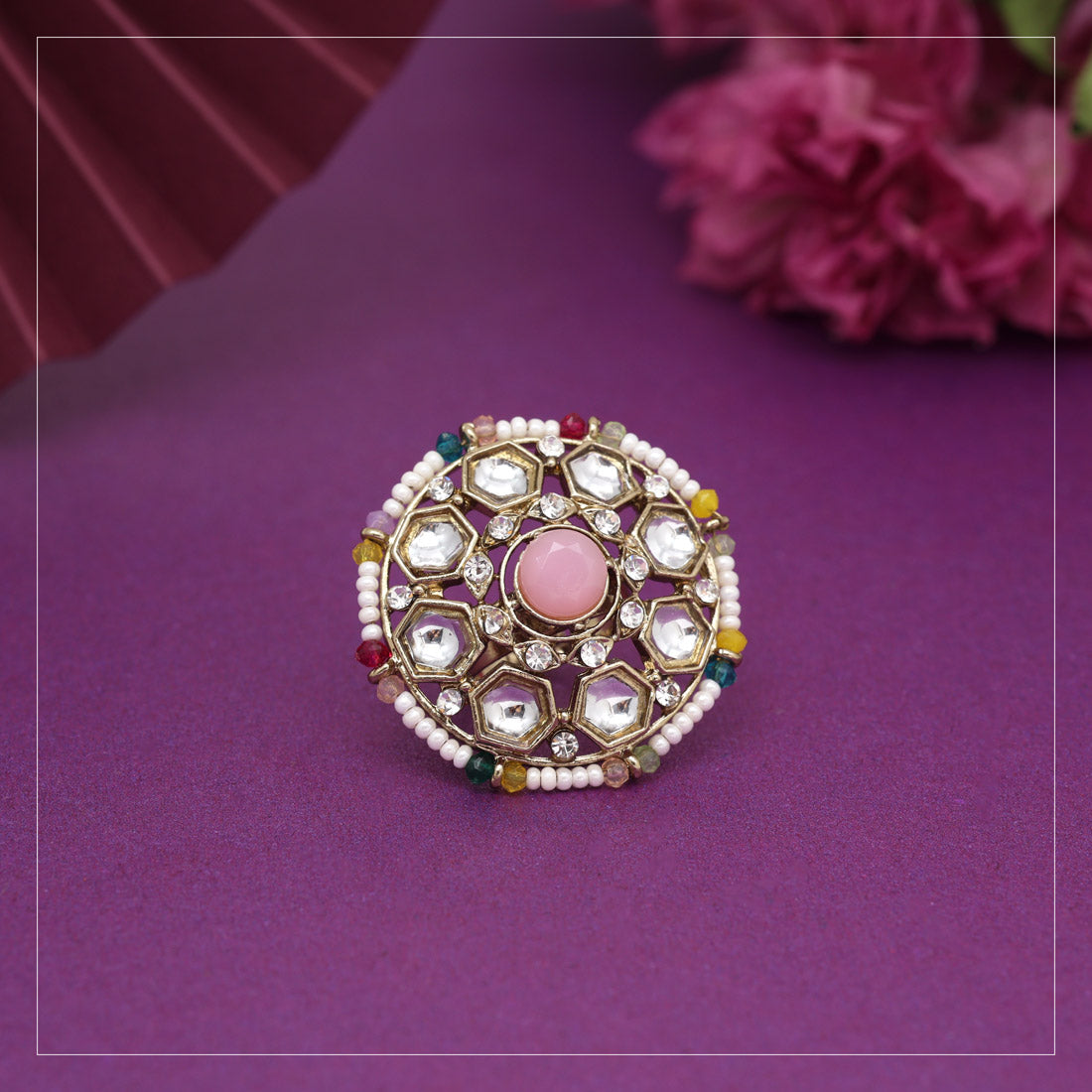 Assorted Color 12 Pieces Of Kundan Finger Rings (KDR288CMB)