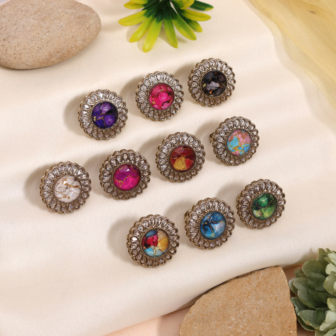 Elegant Assorted Color 10 Pieces Of Traditional Kundan Finger Rings Set