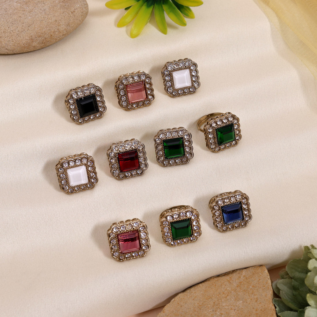Vibrant Assorted Color 10 Kundan Finger Rings For Festive Wear