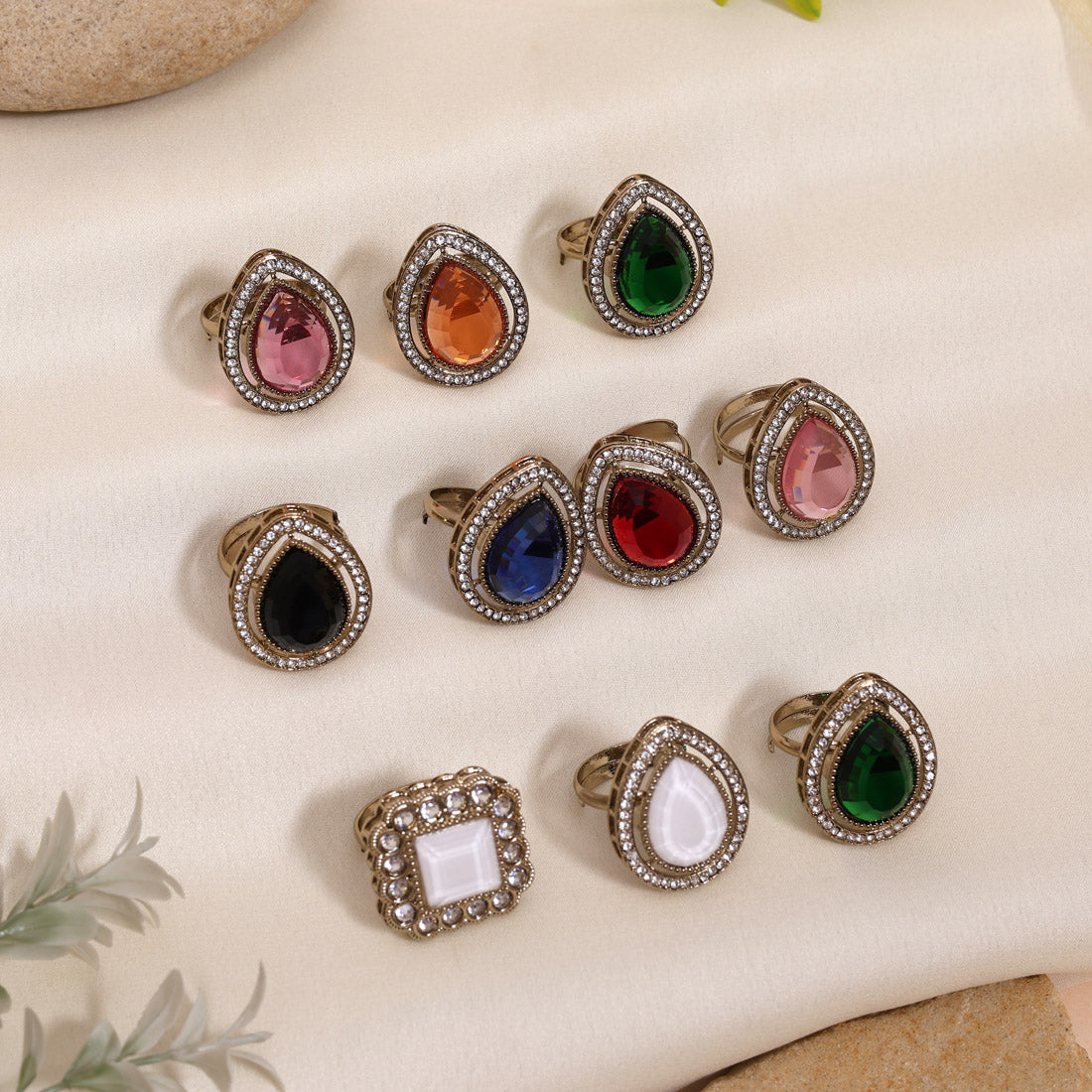 Assorted Color And Design Kundan Finger Rings Set Of 10 Pieces