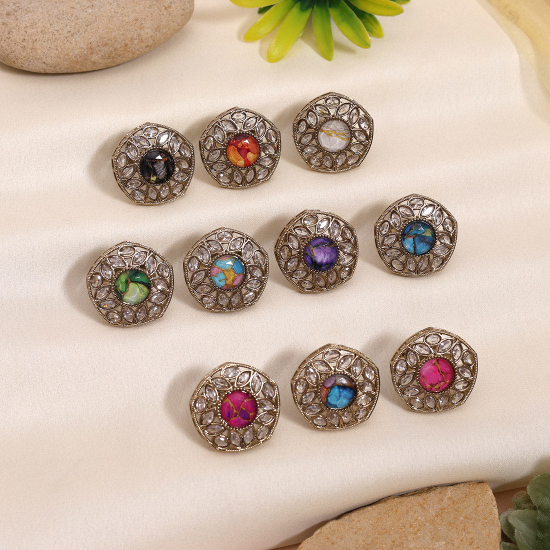 Set Of 10 Assorted Color Kundan Finger Rings With Classic Finish