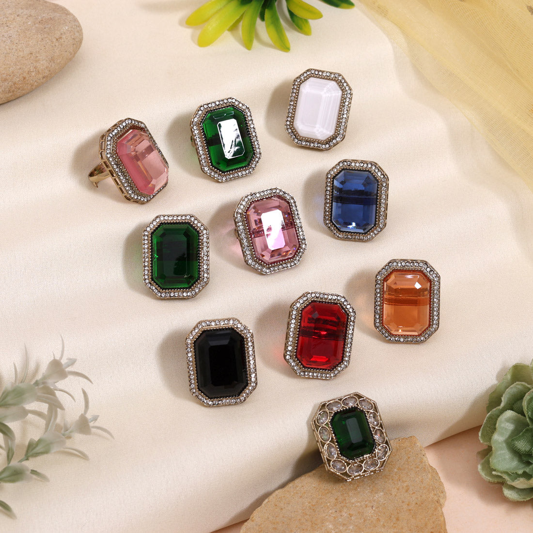 10-Piece Assorted Color And Design Pack Of Designer Kundan Finger Rings