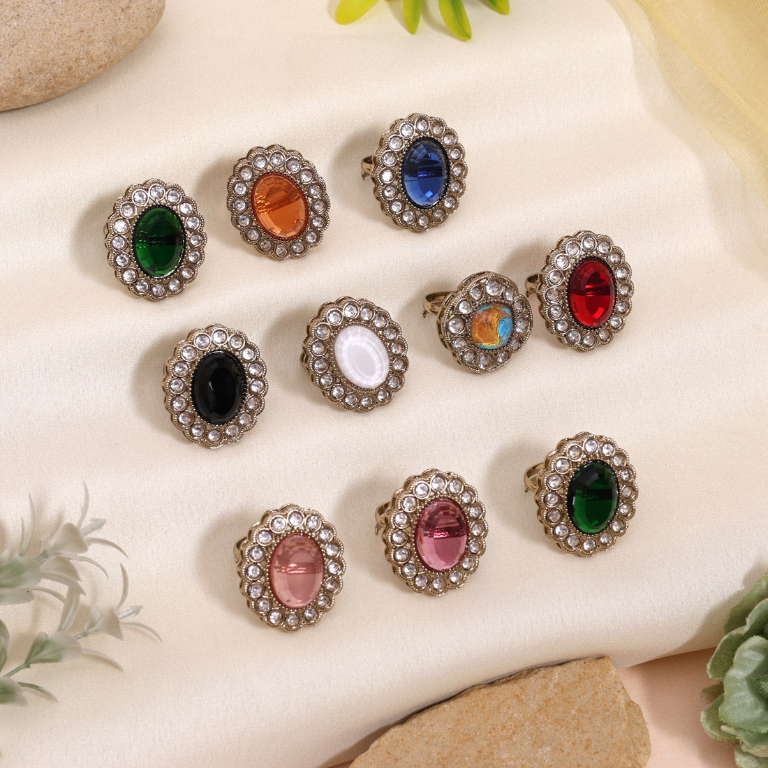 Assorted Color And Design 10 Kundan Finger Rings In Luxe Packaging