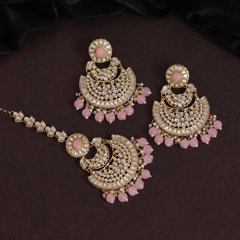 Pink Color Kundan Earrings With Maang Tikka (KDTE547PNK)