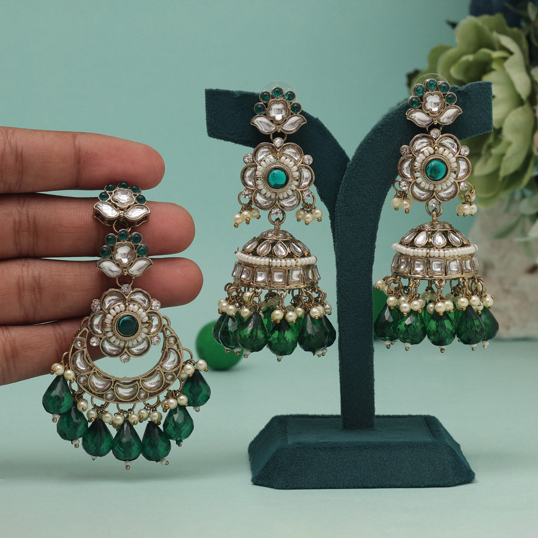 Green Color Kundan Earrings With Maang Tikka (KDTE557GRN)