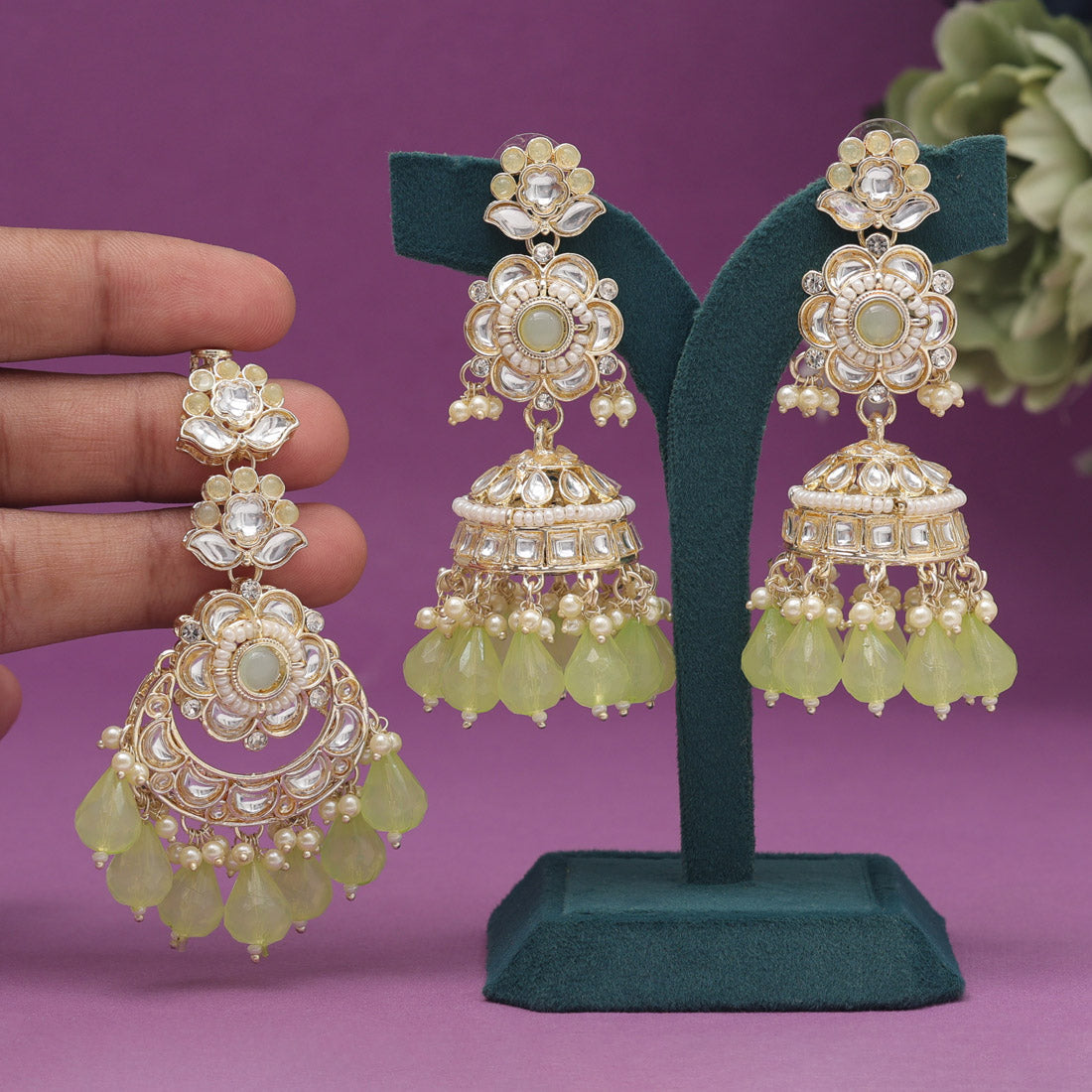 Pista Green Color Kundan Earrings With Maang Tikka (KDTE558PGRN)
