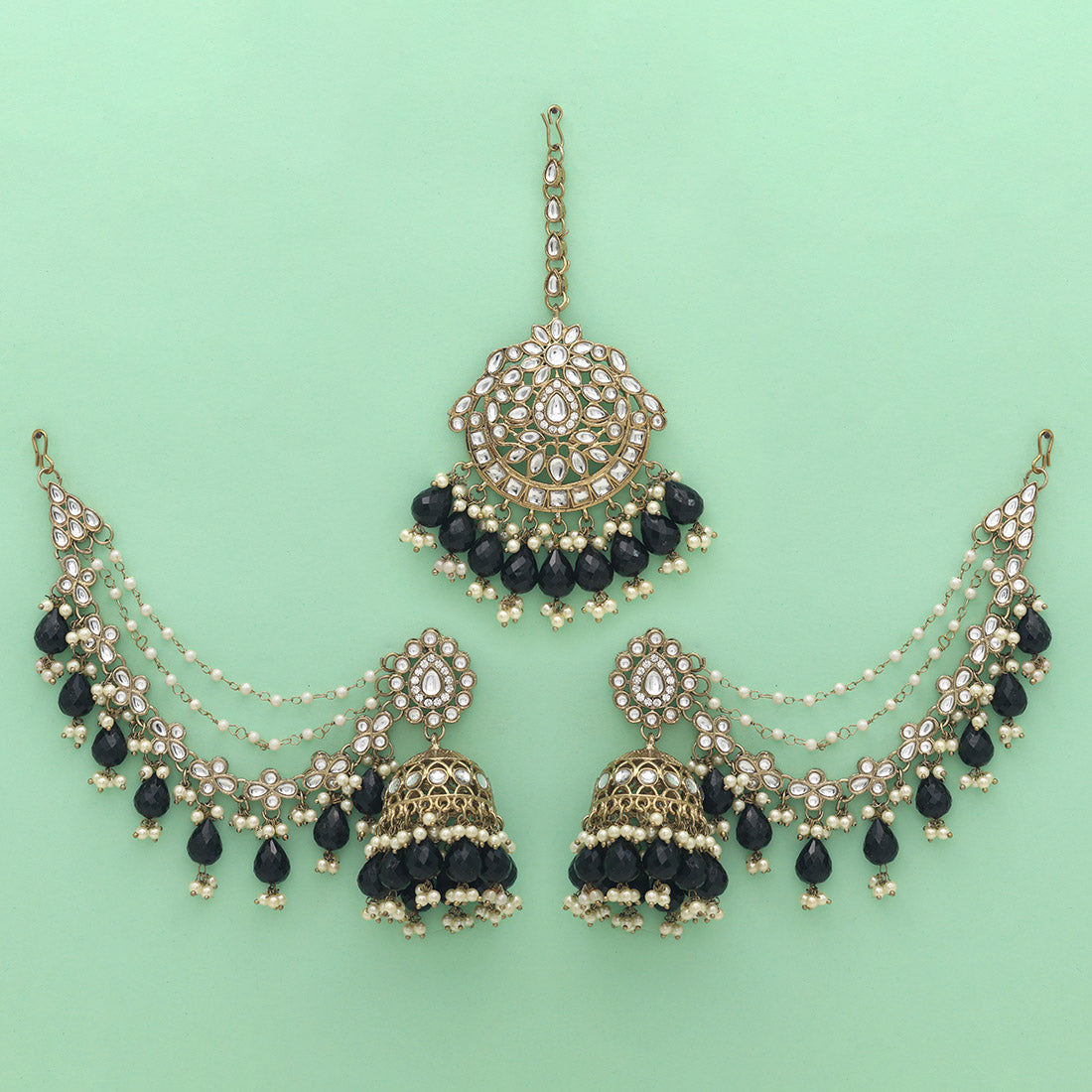 Black Color Kundan Earrings With Maang Tikka (KDTE560BLK)