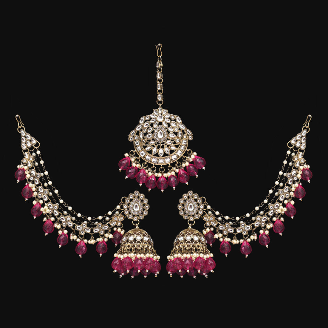 Rani Color Kundan Earrings With Maang Tikka (KDTE560RNI)