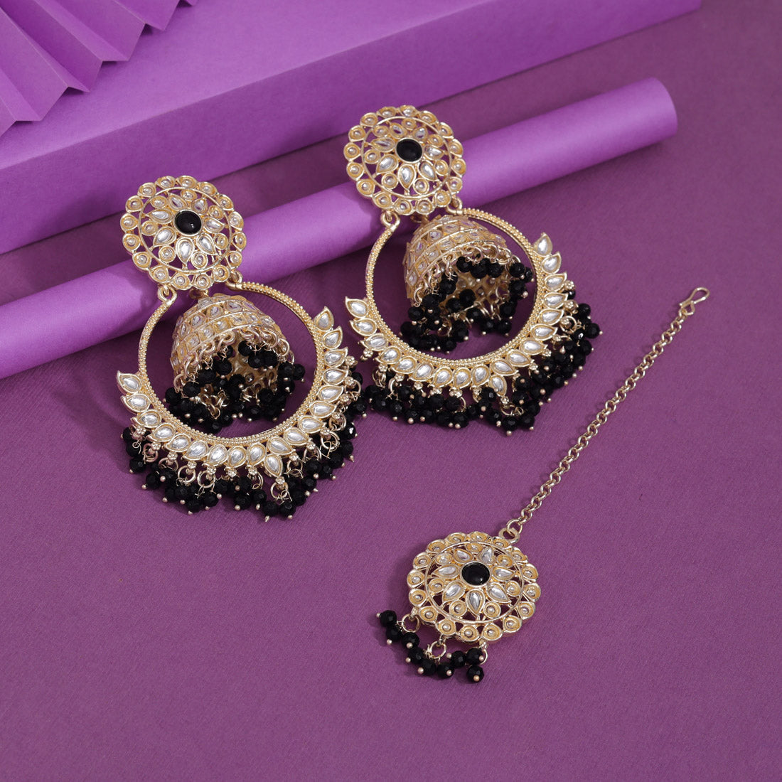 Black Color Kundan Earrings With Maang Tikka (KDTE563BLK)