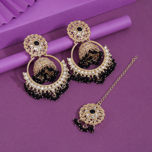 Black Color Kundan Earrings With Maang Tikka (KDTE563BLK)