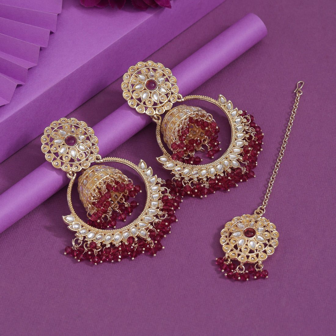 Magenta Color Kundan Earrings With Maang Tikka (KDTE563MNT)