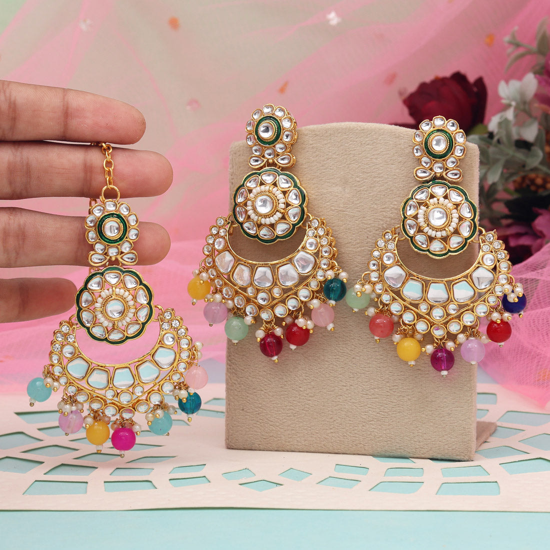 Multi Color Kundan Earrings With Maang Tikka (KDTE570MLT