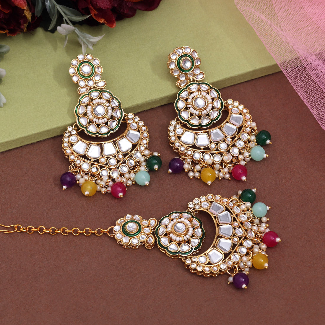 Multi Color Kundan Earrings With Maang Tikka (KDTE570MLT