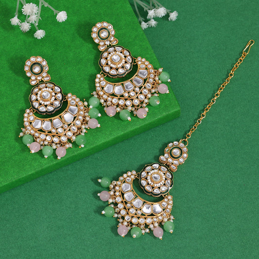 Pink & Pista Green Color Kundan Earrings With Maang Tikka (KDTE570PNKPGRN